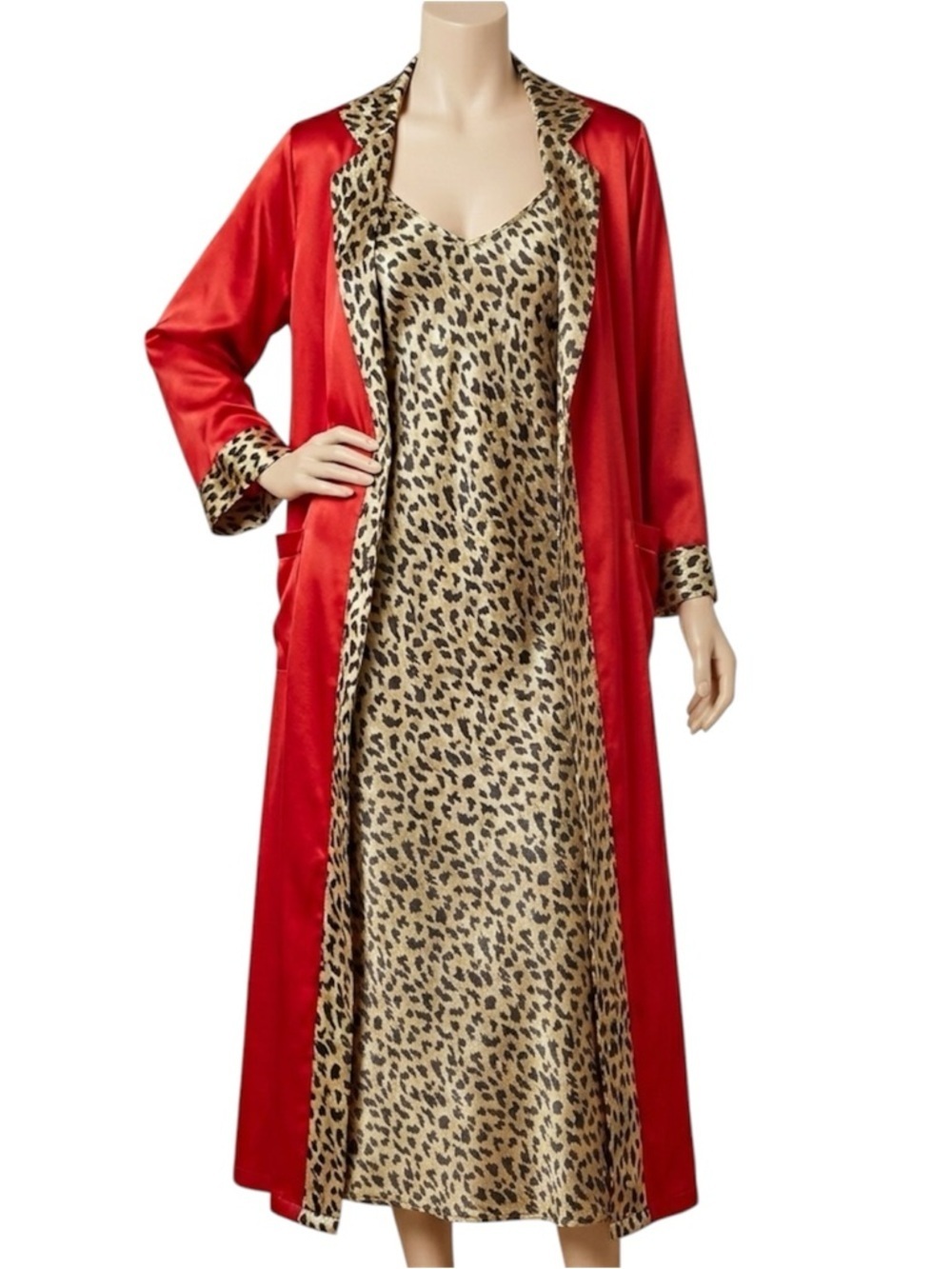 Cacique Vintage Red Satin Robe And Slipdress Leopard Print Accents Medium New,